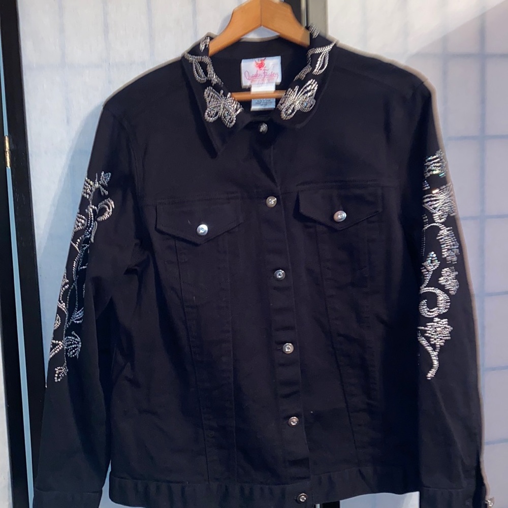 Quacker Factory Black Denim Jacket Butterfly Gem Accented Lg